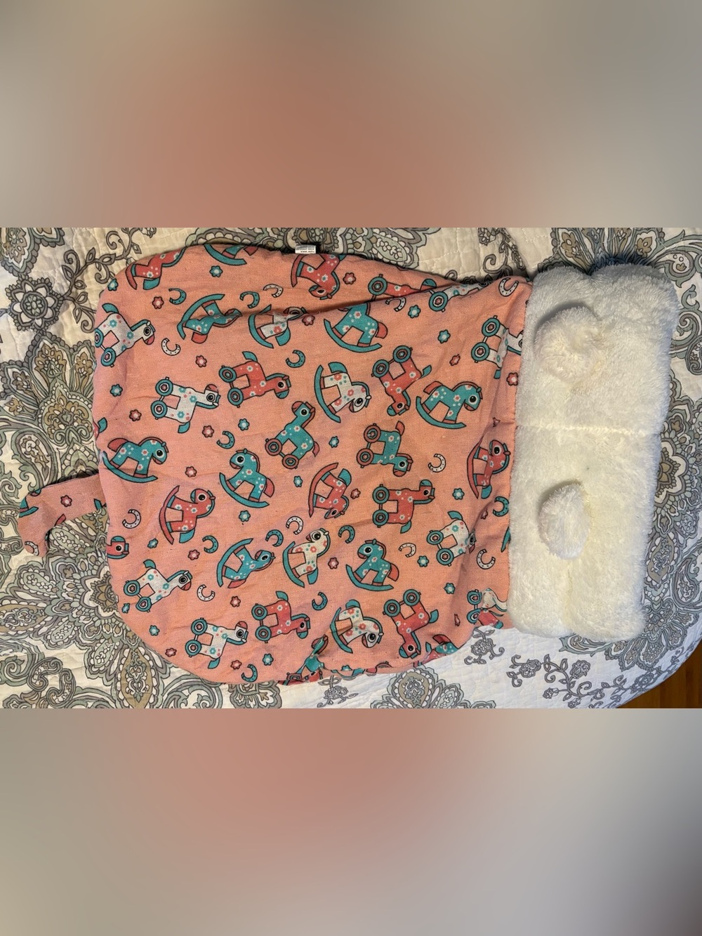 Peach cat bag, rocking horses, horseshoes & flower print